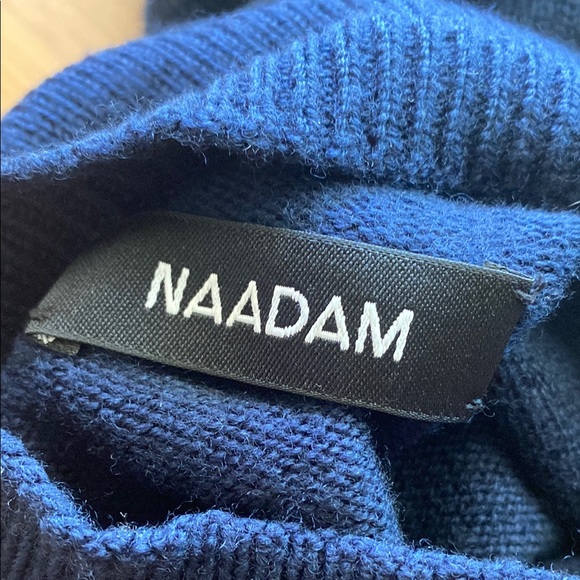 NAADAM 100% Merino Wool Volta Ruffle Mock Neck Sweater Navy Long Sleeve - Picture 4 of 5